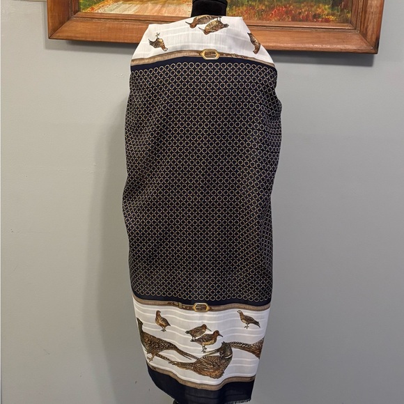 Jim Renoir Vintage Extra Large Square Pheasant Scarf 46x46 EUC Blue/White/Gold - Picture 8 of 14